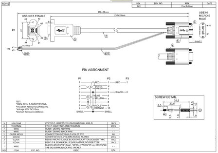 25cm USB3.0-B extension C&acirc;ble Panel mount + 5V JST connector, Qualit&eacute; industrielle