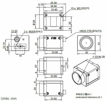 Mechanical drawing and dimensions of USB3 Industrial camera 18.4MP Monochrome with Gpixel GMAX2518 sensor, model ME2P-1840-21U3