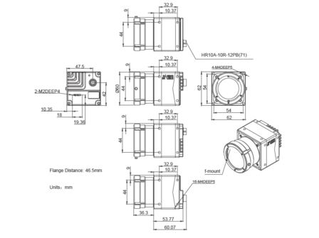 Mechanical drawing and dimensions of 45MP USB3 Imaging Camera Monochrome with ONSEMI XGS45000 sensor, model MARS-4470-8U3M F-mo