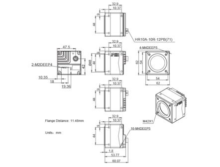 Mechanical drawing and dimensions of 45MP USB3 Imaging Camera Monochrome with ONSEMI XGS45000 sensor, model MARS-4470-8U3M M42-