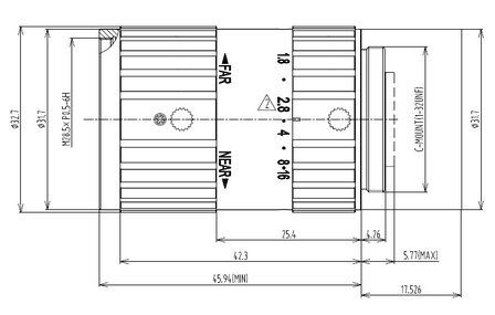 Mechanical Drawing LENS SWIR C-mount 1.3MP 12MM F1.8 for max sensorsize 1/2&quot; NON DISTORTION