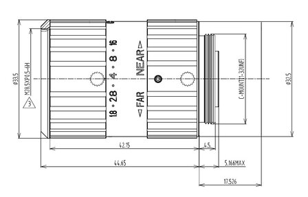 Mechanical Drawing SWIR LENS C-mount 1.3MP 16MM F1.8 for max sensorsize 1/2&quot; NON DISTORTION