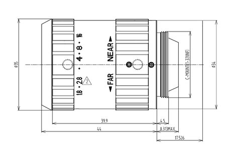 Mechanical Drawing LENS SWIR C-mount 1.3MP 25MM F1.8 for max sensorsize 1/2&quot; NON DISTORTION