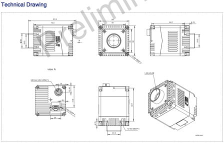 Mech drawing of 1MP GigE Vision SWIR Camera with Sony IMX990 sensor, model MARS-138-95GM-P-TN-SWIR