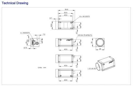 Mech drawing 8MP GigE PoE Vision Camera UV with Sony IMX487 sensor, model MER3-801-36G3M-P-UV