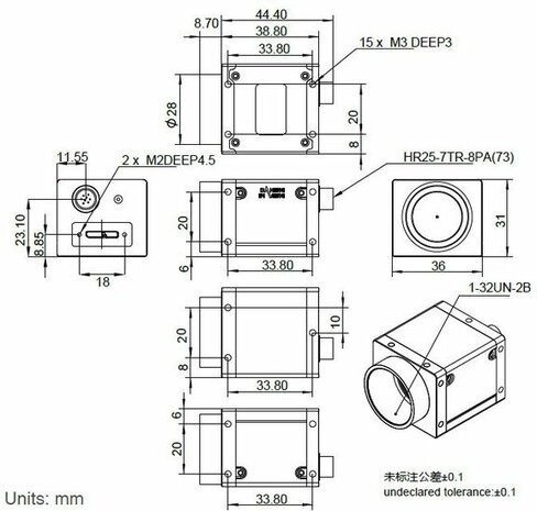 Mechanical drawing and dimensions of USB3 Industrial camera 12.3MP Monochrome with Sony IMX253 sensor, model ME2P-1231-32U3M