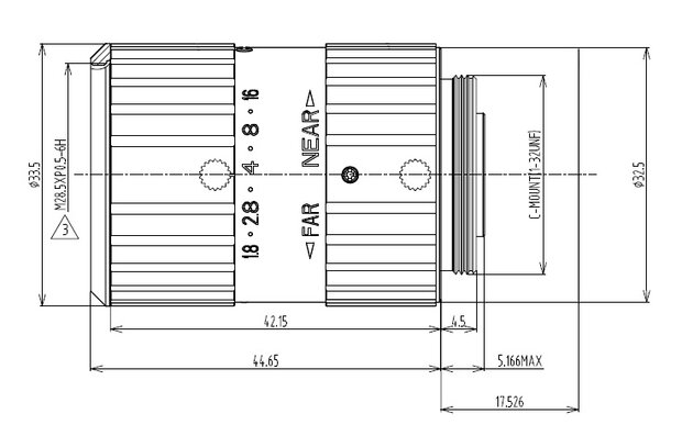 Mechanical Drawing SWIR LENS C-mount 1.3MP 16MM F1.8 for max sensorsize 1/2" NON DISTORTION