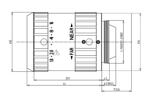 Mechanical Drawing LENS SWIR C-mount 1.3MP 25MM F1.8 for max sensorsize 1/2" NON DISTORTION