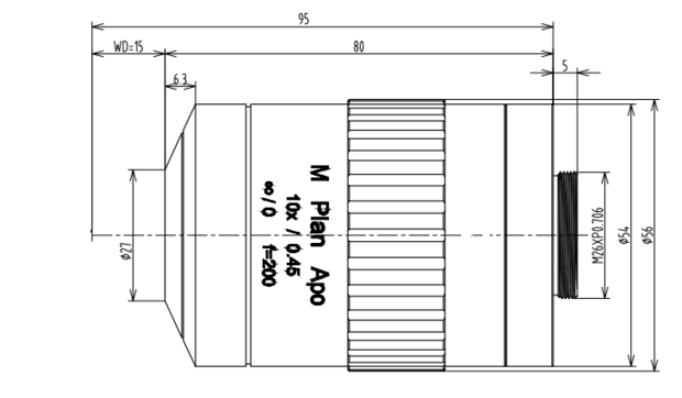 Microscope C-mount lens VA6-LCM-MS-10X-WD15-110-CO Mech drawing