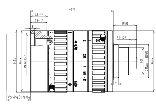 Mechanical Drawing LENS C-mount 8MP 25MM F2.0 for max sensorsize 2/3" UV