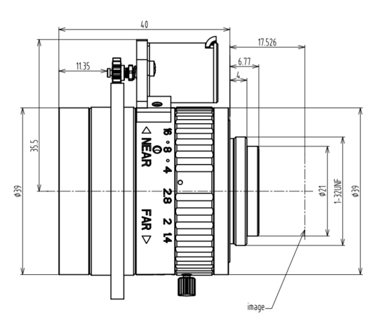 Mechanical Drawing Motorized focus lens C-mount 5MP 8MM F1.4 for max sensorsize 2/3"" AF