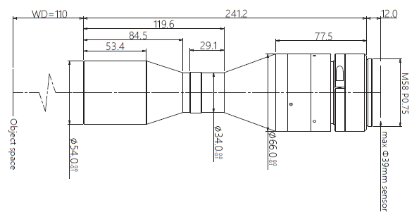 LM58-Telecentriques-1.083X-WD110-39-NI, Télécentriques M58-mount Objectif, magnification 1.083X, taille du capteur 39mm